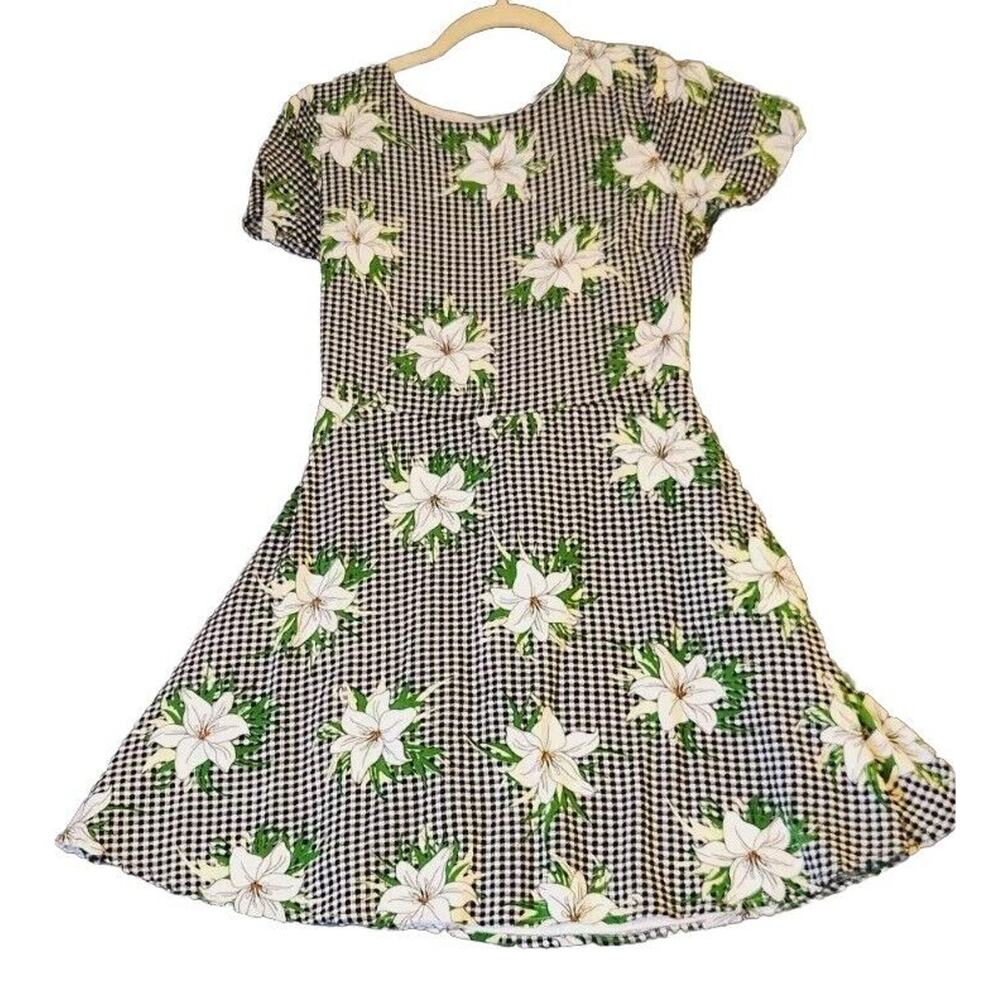 Lulus Dress‎ Womens Sz Large Black White Gingham Floral Print Mini Picnic Please